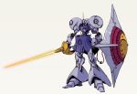  absurdres beam_saber cunkou_mangren glowing glowing_eye grey_background gundam gyan highres holding holding_sword holding_weapon mecha mobile_suit_gundam nagano_mamoru_(style) no_humans one-eyed open_hand parody robot science_fiction shield solo standing style_parody sword violet_eyes weapon 