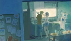  1boy 1girl blonde_hair chainsaw_man choker commentary_request couple denji_(chainsaw_man) full_body height_difference highres kitchen legs midriff open_mouth orange_shirt pants reze_(chainsaw_man) shirt shorts sotti_kotti white_shirt window 