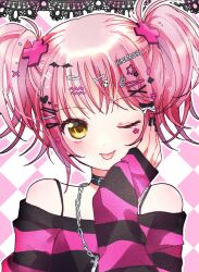  1girl :p ;p bare_shoulders black_bow black_choker black_nails black_shirt blush bow bra_strap chain chain_necklace character_name choker club_(shape) club_hair_ornament commentary cross_hair_ornament diamond_(shape) diamond_hair_ornament hair_bow hair_ornament hairclip hand_on_own_cheek hand_on_own_face heart heart_hair_ornament highres hinamori_amu jewelry necklace one_eye_closed pink_hair pink_shirt rang0w0 shirt short_hair short_twintails shoulder_blush shugo_chara! sleeves_past_wrists smile solo star_(symbol) star_hair_ornament sticker sticker_on_face striped_clothes striped_shirt tongue tongue_out too_many_hair_ornaments twintails two-tone_shirt untranslatable_commentary upper_body vertical-striped_clothes vertical-striped_shirt white_bow wispy_bangs x_hair_ornament 