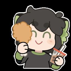  1boy animal_ears animated animated_gif black_shirt bubble_tea cat_boy cat_ears chibi chibi_only chicken_(food) chicken_leg closed_eyes closed_mouth commentary english_commentary food fried_chicken green_shirt long_sleeves lowres luo_xiaohei luo_xiaohei_(human) male_focus official_art shirt simple_background smile solo sticker_(medium) the_legend_of_luo_xiaohei white_background 