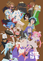 6+girls blonde_hair blue_eyes braid brown_background brown_hair character_request commentary_request copyright_request hair_ribbon highres hinata_yukari japanese_crested_ibis_(kemono_friends) kaname_madoka kemono_friends kokaki_mumose komori_kiri low_twin_braids mahou_shoujo_madoka_magica mahou_shoujo_madoka_magica_(anime) multiple_girls nia_teppelin orange_eyes pink_hair ponytail red_eyes red_ribbon ribbon sayonara_zetsubou_sensei science_adventure shiina_mayuri simple_background steins;gate tengen_toppa_gurren_lagann twin_braids twintails ultimate_madoka white_hair yuyushiki
