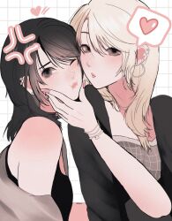  2girls :i anger_vein bare_shoulders black_hair black_jacket black_tank_top blonde_hair bracelet chain chain_bracelet cheek-to-cheek closed_mouth commentary ear_piercing earclip earrings english_commentary fingernails grey_eyes grey_jacket grey_shirt grid_background hand_on_another's_chin heads_together heart highres hoop_earrings jacket jacket_partially_removed jewelry long_hair looking_at_viewer multiple_bracelets multiple_girls nail_polish open_clothes open_jacket original piercing pink_lips pink_nails raimusoft shirt speech_bubble spoken_heart stud_earrings tank_top upper_body white_background yuri 