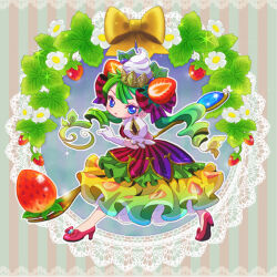  1girl blue_eyes blunt_bangs blush bow commentary_request crown doily dress drill_hair earrings flower food food-themed_clothes food-themed_hair_ornament food_print fruit fruit_print fujii_makiko full_body gem gloves gradient_hair green_hair hair_ornament high_heels holding holding_spoon jewelry leaf legs_apart looking_at_viewer minipen multicolored_hair original oversized_food oversized_object oversized_spoon personification petticoat pink_shoes princess puffy_short_sleeves puffy_sleeves pumps shoes short_sleeves solo sparkle spoon strawberry strawberry_print striped_bow striped_clothes twin_drills whipped_cream white_gloves wildberry 