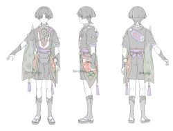  1boy armor arms_at_sides bag black_bodysuit black_shorts black_sleeves blue_eyes blunt_ends bodysuit closed_mouth commentary_request covered_collarbone expressionless facing_away fatui_logo full_body furisode genshin_impact gold gold_trim grey_hair grey_sandals highres japanese_armor japanese_clothes jewelry kimono kote kurokote layered_shorts layered_sleeves looking_at_viewer looking_to_the_side male_focus mandarin_collar mitsudomoe_(shape) multiple_views neck_ring open_hands purple_bag purple_rope purple_sash purple_sleeves red_sash reference_sheet retujyo4go rope sandals sash scaramouche_(genshin_impact) scaramouche_(harbinger)_(genshin_impact) shimenawa short_sleeves shorts solo standing stirrup_legwear tassel toeless_legwear toes tomoe_(symbol) tsurime turnaround twitter_username white_background white_rope wispy_bangs wolf_cut zouri 