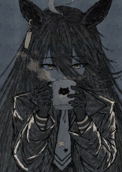  1girl absurdres ahoge animal_ears black_coat black_gloves black_hair cat_ears coat cup ear_ornament ear_tag earrings gloves hair_between_eyes hands_up highres holding holding_cup horse_ears horse_girl jewelry long_hair long_hair_between_eyes long_sleeves manhattan_cafe_(umamusume) mug multicolored_hair necktie open_clothes open_coat riorodasi single_earring solo steam steaming_cup umamusume very_long_hair white_hair yellow_eyes 