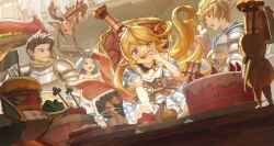  1girl armor blonde_hair blue_dress blue_eyes blue_hair brown_eyes brown_hair burger cake charlotta_(granblue_fantasy) commentary_request dress eating food gran_(granblue_fantasy) granblue_fantasy harvin holding holding_food kuangfeng_chui_kucha long_hair lyria_(granblue_fantasy) rackam_(granblue_fantasy) short_hair table vyrn_(granblue_fantasy) 