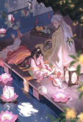  1boy 1girl alternate_hair_length_(longer) alternate_hairstyle boat bow-shaped_hair brown_eyes brown_hair chinese_clothes closed_mouth covered_mouth dress earrings flower full_body hair_ears hair_ornament hand_fan hanfu highres holding jewelry long_hair looking_at_another lotus love_and_deepspace lying necklace night nose official_alternate_costume on_back on_boat orange_shawl parted_bangs protagonist_(love_and_deepspace) qipao qixiong_ruqun robe shawl sitting smile sylus_(love_and_deepspace) sylus_(shared_lanterns)_(love_and_deepspace) very_long_hair watercraft watermark white_hair xiaohongshu_watermark yellow_hanfu yellow_robe yuntouxie zhishuo418 