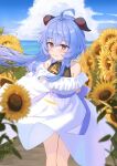  1girl absurdres ahoge alternate_costume arms_behind_back bangs bare_shoulders bell bent_over blue_hair blue_sky blush breasts clouds cowboy_shot day dress field flower flower_field ganyu_(genshin_impact) genshin_impact halterneck highres horns kuwahara_taiki leaning_forward long_hair looking_at_viewer medium_breasts neck_bell off-shoulder_dress off_shoulder outdoors sidelocks sky smile solo sunflower violet_eyes white_dress 