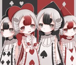  ace_(playing_card) ace_of_spades black_hair card club-shaped_pupils club_(shape) commentary_request diamond-shaped_pupils diamond_(shape) dress frilled_dress frills gloves grey_eyes grey_hair heart heart-shaped_pupils heart_print highres magical_girl mahou_shoujo_ikusei_keikaku mahou_shoujo_ikusei_keikaku_jokers multicolored_hair playing_card qoo_1025 red_hair short_hair shufflin spade-shaped_pupils spade_(shape) symbol-shaped_pupils white_gloves 