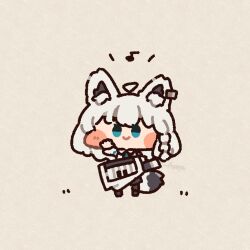  1girl ahoge ameya_(kappadoll) animal_ear_fluff animal_ears blue_eyes blush_stickers braid chibi chibi_only closed_mouth commentary_request earclip fox_ears fox_girl fox_tail full_body grey_background hand_up highres hololive instrument keyboard_(instrument) looking_at_viewer melodica musical_note shirakami_fubuki short_hair simple_background single_braid smile solo standing tail virtual_youtuber white_hair 