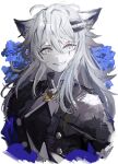  1girl animal_ears arknights black_jacket blue_flower clenched_teeth diamond-shaped_pupils diamond_(shape) flower grey_eyes grin hair_ornament hairclip highres jacket lappland_(arknights) lappland_(refined_horrormare)_(arknights) long_hair looking_at_viewer messy_hair official_alternate_costume scar scar_across_eye sharp_teeth sikinose_val simple_background smile solo symbol-shaped_pupils teeth upper_body white_background white_hair wolf_ears wolf_girl 