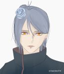  1girl bangs blue_flower closed_mouth flower grey_background hair_behind_ear hair_bun hair_flower hair_ornament highres konan_(naruto) koten_(ameten570) mouth_piercing naruto_(series) naruto_shippuuden orange_eyes portrait short_hair simple_background single_hair_bun solo 