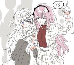 2girls bang_dream! bang_dream!_our_notes closed_eyes closed_mouth commentary dress heart highres izumi_houka jewelry long_hair multiple_girls necklace pink_hair red_shirt shiomi_hotaru shirt spoken_heart train_interior violet_eyes white_dress white_hair yukogaenai 