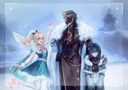  1boy 2girls absurdres aged_down alternate_hair_length_(shorter) apron aqua_cape aqua_eyes arm_up belt black_dress black_gloves black_hair black_hat black_mask black_shirt blonde_hair blue_bow blue_capelet blue_dress blue_eyes blue_sky bow bowtie building cape capelet capitano_(genshin_impact) chain coat commentary covered_face danica_(genshin_impact) day dress english_commentary fairy fairy_wings fatui_coat feet_out_of_frame four-pointed_star fur-trimmed_cape fur-trimmed_capelet fur-trimmed_coat fur-trimmed_dress fur-trimmed_gloves fur_trim genshin_impact gloves gold_chain green_hair hair_between_eyes hair_bow hand_on_another's_shoulder hat height_difference high_ponytail highres lapels long_hair looking_at_viewer maid_apron mask multiple_girls open_clothes open_coat open_mouth orange_shoes outdoors pantyhose pink_belt pink_bow pink_bowtie pink_gloves pointy_ears ponytail satan_jnr shirt shoes short_hair sidelocks sky sleeveless sleeveless_dress smile snow snowing standing standing_on_one_leg star_ornament teeth tongue vesna_(genshin_impact) waist_apron wavy_hair white_apron white_coat white_pantyhose wide_sleeves wings winter 
