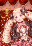  1girl :d absurdres akamaru_saasha armor black_bow black_gloves blonde_hair blush bow bowtie breastplate elise_(fire_emblem) fire_emblem fire_emblem:_three_houses flower gloves hair_bow highres index_finger_raised long_hair looking_at_viewer multicolored_hair pink_bow pink_bowtie pink_ribbon purple_hair ribbon signature smile solo two-tone_hair very_long_hair violet_eyes white_flower 