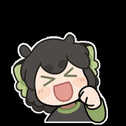  >_< 1boy :d animal_ears animated animated_gif black_hair black_shirt cat_boy cat_ears chibi chibi_only commentary english_commentary green_eyes long_sleeves lowres luo_xiaohei luo_xiaohei_(human) male_focus official_art shirt simple_background smile solo sticker_(medium) the_legend_of_luo_xiaohei thumbs_up white_background xd 