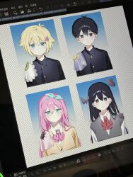  2boys 2girls alternate_costume antenna_hair art_program_in_frame artist_name aubrey_(faraway)_(omori) aubrey_(omori) basil_(faraway)_(omori) basil_(omori) black_eyes black_hair black_sweater_vest blue_background blue_eyes blue_hairband blush bright_pupils brother_and_sister brown_cardigan bug butterfly cardigan caterpillar closed_mouth collared_shirt commentary double-parted_bangs ggggg27227 grey_background hair_between_eyes hairband handkerchief highres long_hair looking_at_viewer mari_(faraway)_(omori) mari_(omori) multiple_boys multiple_girls omori photo_(medium) pink_hair rhinoceros_beetle school_uniform shirt short_hair siblings sidelocks simple_background smile snail sunny_(omori) sweater_vest twitter_username upper_body white_pupils white_shirt 