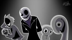  1boy 3others absurdres artist_name basedtrovertartist black_coat black_eyes body_markings coat colored_skin commentary cracked_face english_commentary faceless fang gaster_follower_1 gaster_follower_2 gaster_follower_3 grey_skin greyscale hand_on_own_face highres hood hood_up monochrome multiple_heads multiple_others signature skull_head smile turtleneck undertale utdr_(toby_fox) w.d._gaster whiskers wide-eyed 