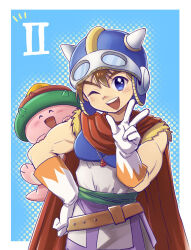  1boy ^_^ armor ayasetaru belt blue_armor blue_eyes blue_helmet border brown_belt brown_hair closed_eyes commentary_request creature daikaijuu_monogatari_ii fire_shell_hero_(daikaijuu_monogatari_ii) gloves green_sash hand_on_own_hip helmet jewelry kaijuu_monogatari_(series) kupikupi male_focus necklace open_mouth outside_border sash seashell shell shell_necklace short_hair smile standing teeth tunic upper_body upper_teeth_only w white_border white_gloves white_tunic 