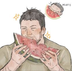  1boy arm_hair black_hair chibi chibi_inset chris_redfield closed_eyes commentary eating english_commentary food fruit green_shirt grin highres holding holding_food kekflo4 male_focus multiple_views resident_evil resident_evil_1 shirt short_hair smile sparkle watermelon watermelon_slice yurie_mouth 