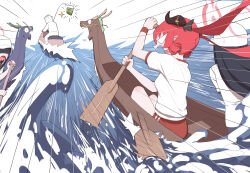  1boy 3girls absurdres alternate_costume baseball_cap black_hair black_horns blue_archive buruma chinese_commentary commentary_request doodle_sensei_(blue_archive) dragon_boat from_behind halo hat highres horns jinrou_mangfu junko_(blue_archive) justice_task_force_member_(blue_archive) long_hair multiple_girls open_mouth pointy_ears red_buruma red_halo sensei_(blue_archive) shirt simple_background solo_focus track_suit water white_background white_hat white_shirt wide_shot 