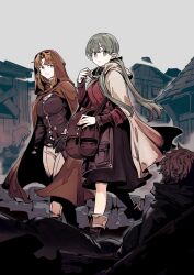  2girls ankle_boots bag belt black_belt black_gloves black_ribbon black_skirt blush boarded_windows boots breasts bright_pupils brown_bag brown_boots brown_cloak brown_hair brown_jacket brown_shirt buttons character_request claire_(harten) cloak commentary elf eyelashes fantasy gloves grey_eyes grey_hair grey_sky hair_intakes hair_ribbon hand_up harten highres hood hooded_cloak jacket jun_(navigavi) large_breasts layered_sleeves long_hair long_sleeves looking_at_viewer medium_breasts medium_hair multiple_girls orange_eyes outdoors pants parted_lips people pointy_ears ribbon road scabbard sheath sheathed shirt shoulder_bag skirt sky slums street sword twintails walking weapon white_cloak white_pants white_pupils 
