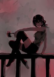  1girl black_shoes black_thighhighs chainsaw_man commentary_request flower green_eyes hair_between_eyes hair_bun hanan_neko highres holding holding_flower lips neck_ribbon on_railing purple_hair railing red_flower reze_(chainsaw_man) ribbon shirt shoes sidelocks skirt sleeveless sleeveless_shirt sunset thigh-highs 