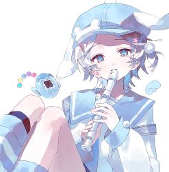  1boy aged_down animal_hat beads blue_eyes blue_hat blue_necktie blue_sailor_collar blue_wings commentary dearstellar detached_wings feet_out_of_frame flute hair_beads hair_ornament hat highres holding holding_flute holding_instrument instrument iro_cloud knees_up long_sleeves looking_at_viewer male_focus mini_wings necktie newsboy_cap official_alternate_costume official_alternate_hairstyle one_side_up playing_instrument pom_pom_(clothes) pom_pom_hair_ornament rabbit_hat recorder sailor_collar shirt short_hair simple_background single_wing sitting skoshism strap_slip tamagotchi tamagotchi_(classic) tamagotchi_(virtual_pet) untranslatable_commentary utaite virtual_pet_(toy) virtual_youtuber white_background white_hair white_shirt wings 