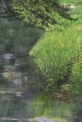  bush commentary_request day grass highres no_humans original outdoors painting_(medium) reflection reflective_liquid river scenery traditional_media tree watanabe_masato water watercolor_(medium) 
