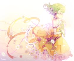  1girl closed_eyes closed_mouth commentary_request dress elbow_gloves flower frilled_dress frills gloves green_hair hair_flower hair_ornament highres holding holding_flower lolita_fashion magical_daisy magical_girl mahou_shoujo_ikusei_keikaku mahou_shoujo_ikusei_keikaku_restart orange_ribbon ribbon short_hair smile white_flower white_gloves yellow_dress yunare 