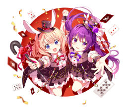  2girls :d adapted_costume alice's_adventures_in_wonderland animal_ear_hairband animal_ears back_cover blurry blurry_foreground boots border bow breasts bright_pupils cane card cover fake_animal_ears fleur_de_lapin_uniform floating_hair floppy_ears flower from_above gochuumon_wa_usagi_desu_ka? hairband hand_grab hat hat_flower holding holding_cane hoto_cocoa koi_(koisan) light_blush lipstick long_hair looking_at_viewer lop_rabbit_ears makeup matching_outfits medium_hair mini_hat mini_top_hat multiple_girls official_art open_mouth orange_hair outside_border outstretched_arm outstretched_hand playing_card pleated_skirt puffy_short_sleeves puffy_sleeves purple_bow purple_hair purple_pupils rabbit_ear_hairband rabbit_ears rabbit_house_logo red_border red_bow shadow short_sleeves skirt small_breasts smile standing tedeza_rize textless_version top_hat twintails very_long_hair violet_eyes white_boots wrist_cuffs 