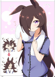  1girl afterimage animal_ears arrow_(symbol) brown_hair buttons closed_eyes commentary_request drying drying_hair frilled_sleeves frills happy horse_ears horse_girl horse_tail kimukimu long_hair open_mouth rice_shower_(umamusume) shaking signature simple_background tagme tail towel umamusume violet_eyes 