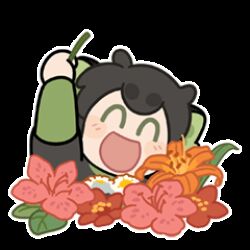  1boy animal_ears animated animated_gif black_hair blush cat_boy cat_ears chibi chibi_only closed_eyes commentary english_commentary flower giving_flower long_sleeves lowres luo_xiaohei luo_xiaohei_(human) male_focus official_art open_mouth orange_flower pink_flower red_flower simple_background smile solo sticker_(medium) the_legend_of_luo_xiaohei white_background yellow_flower 