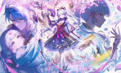  2boys 2girls absurdres aged_down arm_guards armor black_armor black_bridal_gauntlets black_gloves black_hakama black_haori blue_eyes blue_hair blue_jacket blue_kimono blunt_bangs blunt_tresses blurry bridal_gauntlets brother_and_sister carrying carrying_person cherry_blossoms closed_mouth commentary contrast_lapels depth_of_field dou english_text falling_petals flower_knot folding_fan genshin_impact gloves gold_choker gold_trim hair_ornament hair_ribbon hakama hand_fan hand_up haori happy_birthday high_ponytail highres holding holding_fan isobe47 jacket japanese_armor japanese_clothes kamisato_ayaka kamisato_ayato kamisato_clan_(emblem) kamisato_kayo kimono kusazuri lapels long_hair long_sleeves looking_ahead looking_at_another looking_at_viewer medium_hair mole mole_under_eye mole_under_mouth multiple_boys multiple_girls multiple_views neck_tassel okobo open_clothes open_jacket petal_on_head petals pink_ribbon platform_sandals pleated_skirt ponytail print_skirt purple_skirt ribbon sandals short_sleeves siblings skirt smile standing tabi tassel tree tress_ribbon untranslatable_commentary violet_eyes white_haori white_kimono white_tailcoat 