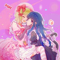  2girls apron beret black_dress black_gloves blonde_hair blue_hair blunt_bangs bow candy cat_tail closed_eyes colorful commentary_request dress elbow_gloves food frederica_bernkastel frills gem gloves halftone hand_on_another's_chin hand_on_another's_face hat highres hime_cut hug jack-o'-lantern lambdadelta lolita_fashion long_hair multiple_girls oreo86011490 pastel_colors paw_print pearl pink_background pink_dress pink_hat pumpkin purple_background red_bow ribbon short_hair simple_background smile socks star_(symbol) striped_clothes striped_socks striped_thighhighs tail tail_bow tail_ornament thigh-highs umineko_no_naku_koro_ni violet_eyes white_apron 