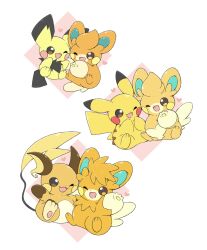  arm_up brown_eyes commentary_request evolutionary_line heart highres one_eye_closed open_mouth pawmi pawmo pawmot pichu pikachu pokemon pokemon_(creature) raichu sitting tsukasa_pika 