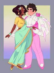  1boy 1girl aged_up alternate_costume brown_hair connie_maheswaran crop_top dark-skinned_female dark_skin desi fat fat_man highres jewelry necklace shirt short_hair smile steven_quartz_universe steven_universe steven_universe_future t-shirt thetrashbinoverthere very_dark_skin 