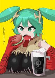  breasts burger commentary_request eating elbow_gloves fang food gloves green_eyes green_hair hatandbeard4163 hatsune_miku holding holding_burger holding_food large_breasts lettuce looking_at_food magic:_the_gathering open_mouth parody red_gloves simple_background skin_fang tomato tomato_slice twintails vocaloid yellow_background 