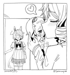  0_0 2girls animal_ears bag blush bow bowtie character_doll commentary_request daiichi_ruby_(umamusume) doll drill_hair drill_sidelocks ear_covers flying_sweatdrops greyscale hair_between_eyes heart holding holding_doll horse_ears horse_girl horse_tail k.s.miracle_(umamusume) long_hair monochrome multiple_girls open_mouth pleated_skirt puffy_short_sleeves puffy_sleeves sailor_collar sailor_shirt saramiao-chan school_bag school_uniform shirt short_hair short_sleeves sidelocks skirt smile spoken_heart tail thigh-highs tracen_school_uniform umamusume white_sailor_collar yuri 
