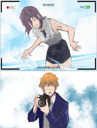  1boy 1girl absurdres blonde_hair blush camera camera_pov chainsaw_man clouds cloudy_sky couple denji_(chainsaw_man) highres holding holding_camera laughing looking_at_viewer navvi04 ocean open_mouth purple_hair reze_(chainsaw_man) sayonara_eri short_shorts shorts sky smile splashing tagme water 