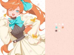  1girl :d ;d ace_attorney alternate_costume athena_cykes black_shirt blue_bow blue_eyes blush bow breasts dress hair_bow highres house3122 large_breasts long_hair long_sleeves looking_at_viewer one_eye_closed open_mouth orange_hair shirt side_ponytail smile solo turtleneck turtleneck_shirt very_long_hair white_dress yellow_bow 