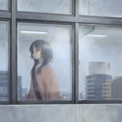  1girl album_cover bag black_hair building ceiling_light city commentary cover doorway english_commentary expressionless from_outside from_side highres muji_(uimss) original profile red_shirt reflection second-party_source shirt shoulder_bag sky solo window 