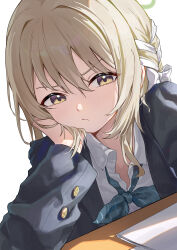  1girl absurdres black_jacket blazer blonde_hair blue_archive blue_bow blue_bowtie bow bowtie braid commentary diagonal-striped_bow diagonal-striped_bowtie diagonal-striped_clothes dress_shirt elbow_on_table frown green_halo hair_ribbon halo hand_on_own_cheek hand_on_own_face head_rest highres jacket long_hair long_sleeves looking_at_viewer loose_bowtie miyo_(blue_archive) open_collar portrait ribbon ribbon_in_braid shirt simple_background solo striped_bow striped_bowtie striped_clothes tabble white_background white_bow white_shirt wochinijiadamia yellow_eyes 