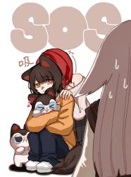  >_< 3girls :3 :d :i alternate_costume ange_katrina animal_ears banken_(inui_toko) bare_shoulders blue_pants blush brown_hair brown_tail closed_mouth commentary_request creature crossed_arms dog_ears dog_girl dog_tail frown grey_hair hand_on_another's_shoulder heart heterochromia hiding hiding_behind_another highres holding holding_creature hug inui_toko jealous knees_up lize_helesta long_hair long_sleeves looking_at_another multiple_girls nijisanji nose_blush off-shoulder_sweater off_shoulder orange_sweater out_of_frame pants red_eyes red_hair sakana0339 sanbaka_(nijisanji) shoes sitting smile sos sweatdrop sweater tail translation_request virtual_youtuber white_background white_shoes white_sweater yellow_eyes 