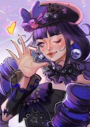  1girl :p ;p anal_beads arm_warmers artist_name beret black_arm_warmers black_bow black_bowtie black_choker black_dress black_hat black_nails bow bowtie brooch candy_hat_ornament choker commentary dangle_earrings dress drill_hair earrings facepaint frilled_arm_warmers frilled_choker frills hair_over_shoulder half-heart_hands happy hat hat_bobbles hat_bow heart highres infinity_nikki jewelry light_particles lipstick long_hair low_twintails makeup nail_art nail_polish nikki_(series) official_alternate_color one_eye_closed print_headwear purple_background purple_bow purple_hair red_lips ronya_sanzoku see-through_arm_warmers sex_toy smile solo sparkle sparkling_eyes sphere_earrings star_(symbol) star_print starfish strapless strapless_dress striped_bow striped_bowtie striped_clothes tongue tongue_out twin_drills twintails untranslatable_commentary upper_body violet_eyes warm_miracles_(infinity_nikki) watermark 
