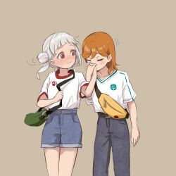  2girls arashi_chisato arched_bangs arm_at_side bag belt belt_buckle black_belt blue_shorts blush brown_background buckle closed_eyes commentary_request cowboy_shot crew_neck denim denim_shorts double_bun fanny_pack green_bag grey_hair grey_pants hair_bun highres holding_hands interlocked_fingers jeans kiss kissing_hand looking_at_another looking_to_the_side love_live! love_live!_superstar!! medium_hair motion_lines multiple_girls nose_blush orange_hair pants raised_eyebrows red_eyes shibuya_kanon shirt shirt_tucked_in short_shorts short_sleeves shorts simple_background standing straight_hair surprised t-shirt turning_head twintails white_shirt yellow_bag yokoko yuri 
