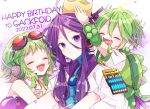  1girl 2boys ahoge arm_guards bare_shoulders blue_bodysuit bodysuit carrying character_name closed_eyes commentary confetti crown dated eggplant expressionless goggles goggles_on_head green_hair gumi hair_ornament hair_stick happy_birthday headphones jacket kaho_0102 kamui_gakupo long_hair multiple_boys open_mouth piggyback purple_hair putting_on_headwear red_goggles ryuuto_(vocaloid) sidelocks smile upper_body violet_eyes vocaloid white_jacket 