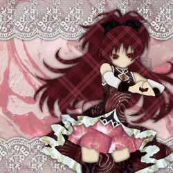 1girl absurdres artist_name bare_shoulders black_bow bow brown_thighhighs brown_wrist_cuffs buttons chest_jewel collage_(medium) collarbone commentary cowboy_shot dessert detached_sleeves double_exposure dress english_commentary food food-themed_background food-themed_clothes food_print frilled_dress frills fruit_print gem hair_bow heart heart_hands high_collar high_ponytail highres lace_background long_hair looking_at_viewer magical_girl mahou_shoujo_madoka_magica mahou_shoujo_madoka_magica_(anime) mixed_media no_mouth no_nose paper_cutout_(medium) papercraft_(medium) ponytail red_dress red_eyes red_gem red_hair red_skirt red_theme sakura_kyoko sakura_kyoko_(magical_girl) signature skirt skirt_under_dress solo soul_gem_(madoka_magica) strawberry_print thighhighs tsurime unconventional_media very_long_hair wrist_cuffs yuno-is-overit