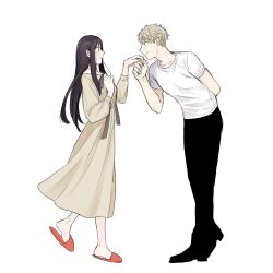  1boy 1girl arm_behind_back black_hair black_pants black_shoes blonde_hair closed_mouth collarbone dress eye_contact full_body hetero highres long_hair long_sidelocks long_sleeves looking_at_another pants red_eyes red_slippers shirt shoes short_hair sidelocks simple_background slippers smile spy_x_family standing t-shirt tarutaruso3 twilight_(spy_x_family) white_background white_shirt yor_briar 