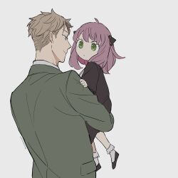  1boy 1girl adoptive_parent_and_adoptive_child ahoge anya_(spy_x_family) black_dress black_shoes blonde_hair blue_eyes child commentary_request dress eye_contact face-to-face father_and_child father_and_daughter green_eyes green_jacket hairpods highres jacket lifting_person long_sleeves looking_at_another medium_hair parent_and_child parted_lips pink_hair shoes short_hair simple_background socks spy_x_family suit_jacket tarutaruso3 twilight_(spy_x_family) white_background white_socks 